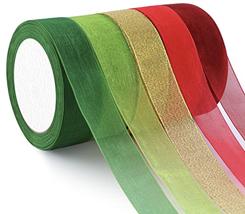 Egofine Merry Christmas Ribbons 5 Rolls Sheer Chiffon Ribbon, Organza Ribbon Transparent for Making Bows, Bouquet, Gift Wrapping,Wedding(1 Inch, 25 Yard Each Roll, Ombre Colors)