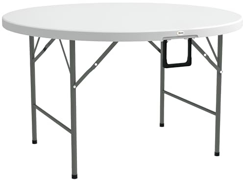 Outsunny Tavolo Pieghevole per Giardino, Balcone e Campeggio, Tavolo Rotondo in Acciaio e HDPE, Ø122x73 cm, Grigio e Bianco