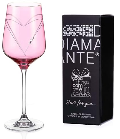 DIAMANTE Spritz Wine Glass - Pink Hearts - Single Pink Coloured Giftable Wine Glass with Swarovski Crystals in Gift Box