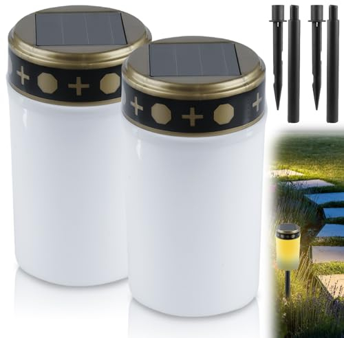 Aicharynic Lot de 2 lampes funéraires à LED solaires avec piquet terre bougie cimetière extérieure étanche lampe funéraire IP55 bougies solaires extérieur pour une utilisation extérieur