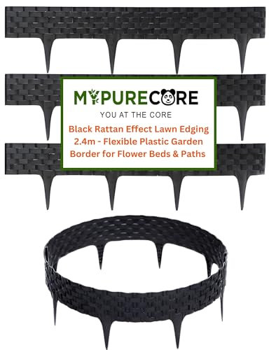 MYPURECORE Black Rattan Effect Lawn Edging 2.4m - Flexible Plastic Garden Border for Flower Beds & Paths | Weather-Resistant & Recyclable Palisade | Easy Install Edging for Grass, Gravel & Landscape