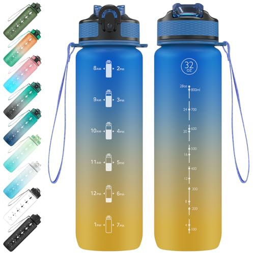 EYQ Borraccia da 1 litro, con cannuccia, a prova di perdite, in Tritan senza BPA, motivazionale con indicatore del tempo, per fitness, scuola, palestra, sport all'aria aperta