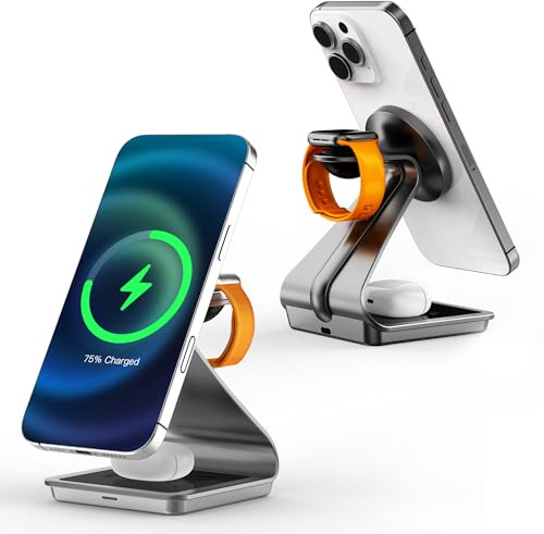 3-i-1 induktiv trådlös laddningsstation kompatibel med Magsafe laddare, JE mobiltelefoninduktionsladdare för iPhone 16/15/14/13/12 serien, för Apple Watch 8/7/6/5/4/3/2/SE, AirPods 3/2/Pro, svart
