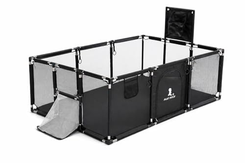 Baby Toddler Playpen Playground (Black) with Football Goals and Basket Hoop - 182cm X 122cm X 64cm