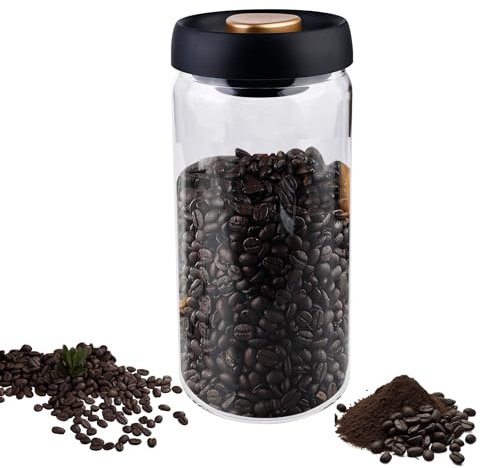 LEKEFETO Boîte à café en verre de qualité alimentaire de 1800 ml avec couvercle sous vide - Boîte à café hermétique pour thé, noix, cacao - 10.5 cm (L) x 10.5 cm (W) x 22.99 cm (H) - Style minimaliste
