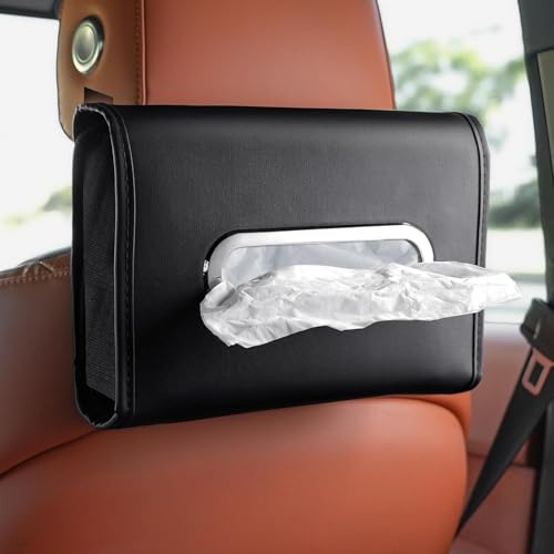 NganSuRong Car Tissue Holder,Extra Large Tissue Box Cover Rectangle in Car, PU Leather Backseat Sun Visor Napkin Holder Organizer Storage Fits for 100-150 Regular Size Tissues, Black