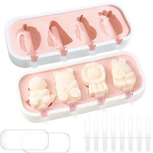 2 Stampi per Ghiaccioli con Stecco Stampi per Ghiaccioli Riutilizzabili a Forma di Animale con 4 Camere a Forma di Frutta Stampi per Gelato in Silicone Adatti per il DIY,Interazione Genitore Figlio