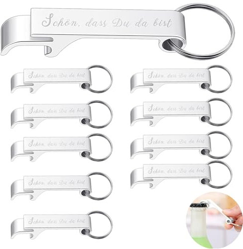 Lot de 20 décapsuleurs porte-clés, taille personnalisée, décapsuleur, décapsuleur, décapsuleur, décapsuleur pour fête de mariage, baptême, cadeaux d'invités (« Schön, dass Du da bist »)