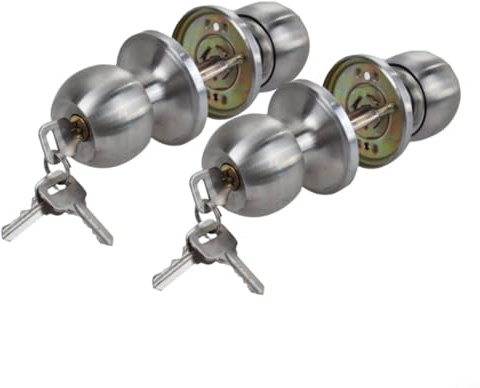HEIBTENY Juego de manijas redondas de acero inoxidable para puerta, cerradura de paso de entrada con llaves para dormitorios, salas de estar, baños, pestillo ajustable de 60-70 mm (2 piezas)
