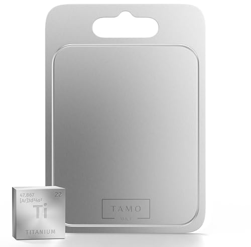 TAMO Titan Skärbräda, med saftränna, gjord av 100% rent titan, hygienisk, antibakteriell & långlivad, titanium chopping board, perfekt för kött, frukt, grönsaker, kök, camping & utomhus (L)
