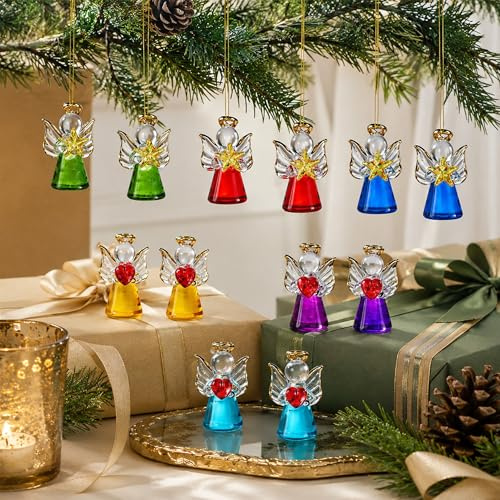 H&D HYALINE & DORA - 12 Ornamenti Angelo in Vetro per Albero di Natale, Mini Palle Angeliche Appendibili per Natale, Compleanno, Matrimonio, Decorazione per Feste (6 Colori)