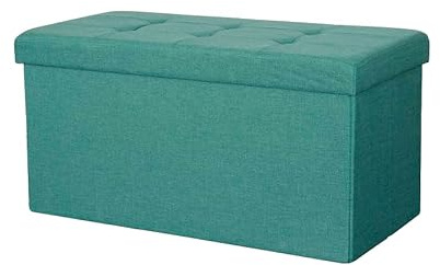 Large Ottoman Foldaway Storage Blanket Toy Box Bench Twill Linen with Buttons Folding Footrest, Toy Box & Blanket Chest for Home (Emerald, 76cm x 38cm)
