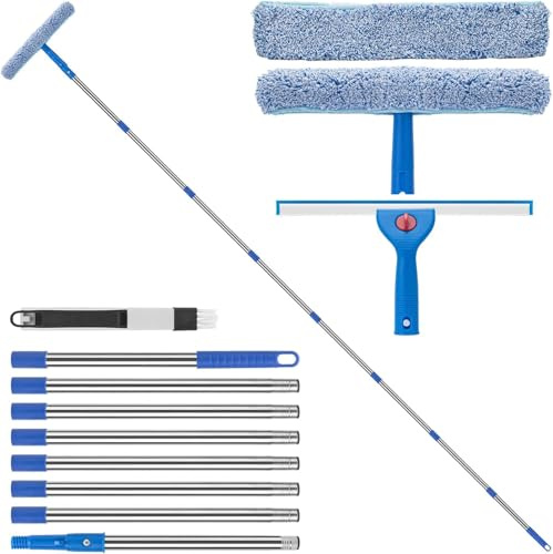 10 Ft (3 m) Professionell fönsterrengöringssats, fönsterrengöringsutrustning med långt handtag, silikonskrapare & mikrofiberskrubbare, med räfflad rengöringsborste, för höga fönster