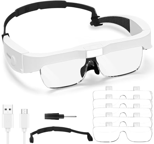 AMFUN Gafas Lupas con Luz 3 Led para Manualidades, 0,75X 1.0X 1.5X 2.5X 4.0X con 5 Lentes, Recargables, Ajustable para Leer, Reparaciones, Coser, Joyería (Blancas)
