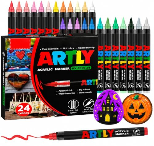 Efimeso 24 Colores de Rotuladores Acrílicos, Acrylic Markers a Base de Agua Marcadores Acrilicos Punta Pincel para Pintar Rocas, Cerámica, Madera, Tela y Lienzo
