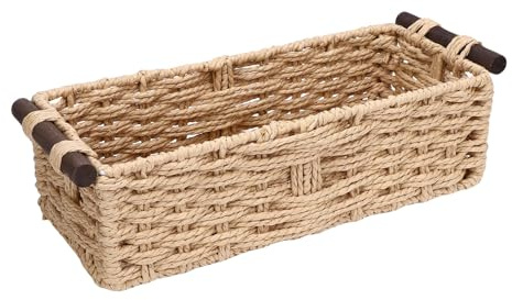 VBESTLIFE Cesta de Almacenamiento Tejida Hecha a Mano, Papelera Decorativa de Cuerda de Papel Na tural con Asas de Madera, Cesta de Papel Higiénico para Organización de Estantes de (Color Madera)