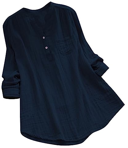 Gauze Linen Shirt Women UK Plus Size, Ladies Cotton Linen T-Shirts Elegant Long Sleeve Button Henley V Neck Casual Lagenlook Longline Summer Blouses Boho Plain Tee Shirt Long Tunic Tops Navy