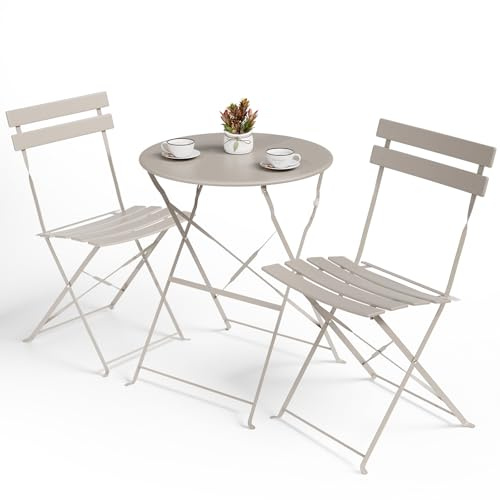 LIFERUN Juego de Muebles de Balcón de 3 Piezas, Bistro Set de Metal con 1 Mesa y 2 Sillas, Resistentes a la Intemperie, Plegables, para Pequeños Balcones, Terrazas y Jardines, Gris