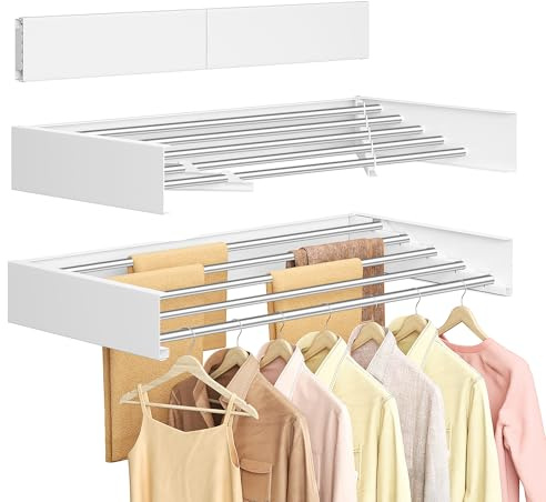 SONGMICS Tendedero de Pared Abatible, 5 Barras de Aleación de Aluminio, Secadora Plegable, Plantilla de Perforación, Interior, Exterior, Lavadero, Longitud 80 cm, Blanco Mate LLR809WE01
