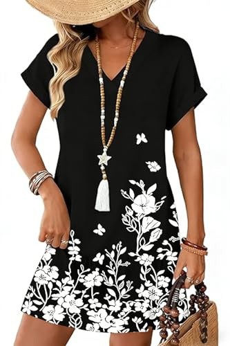 makabaky Robe Été Femme Manches Courtes Col V Poches Plage Chic Légère | Décontractée, Vacances, Bureau, Mariage