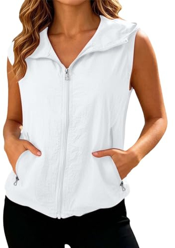 Gilet sans Manche Femme Veste Protection Solaire UPF 50+ à avec Fermeture Éclair Capuche Couleur Unie Gilets Été Gilet de Loisirs de Plein air Multipoches Léger Respirant Rapide Vestes de Cyclisme