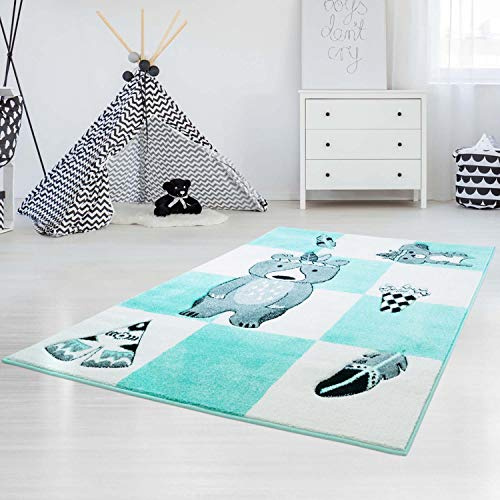 Kinderteppich Bär, Indianer Mint - 140x200 cm - Teppich Kinderzimmer für Jungen und Mädchen