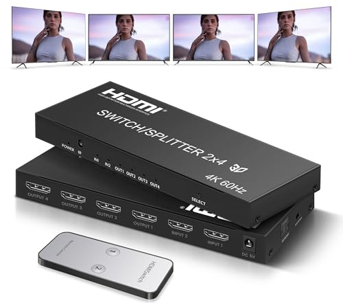 4K@60Hz HDMI Switch Splitter 2 in 4 Out with Remote, avedio Links 2x4 HDMI Splitter Switcher 4K with SPDIF & 3.5mm Audio,Support 4K,3D,1080p,HDCP2.2,HDR 10 for PS5/4,Xbox,Fire Stick,etc