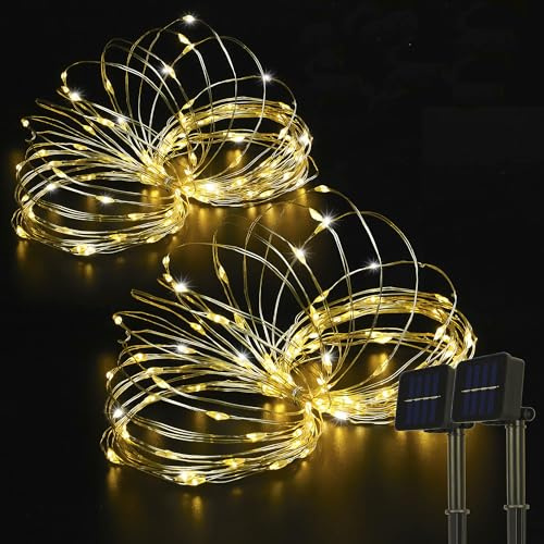 BEEWIN 2 Pack 33ft 100 LED Solar Copper String Lights,8 Modes Christmas Fairy Lights Waterproof IP65 Twinkle Lighting Indoor Outdoor Fairy Firefly Light Auto ON/Off (Warm White)