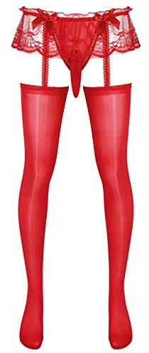 ranrann Collant Homme Sexy Transparent Ouvert Sissy Lingerie Erotique Hot Collant Porte-jarretelle Dentelle String Jockstrap Gay Type C Rouge Taille Unique