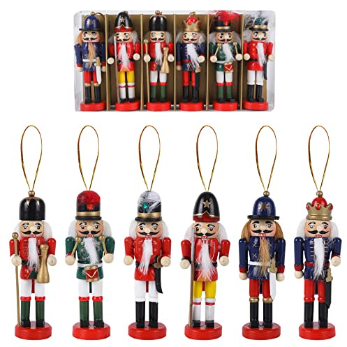 6 Piezas Figuras de Marionetas Soldado Cascanueces de Navidad de Madera, Adornos Colgantes para Hogar, Decoración Tradicional del Árbol, Regalo, 13cm
