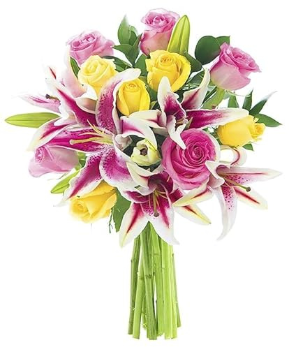 KaBloom - Bouquet of 5 Pink Rose 5 Yellow Rose, and 5 Pink Stargazer lilies With Lush Greens without vase - Fresh Flowers for Birthday, Valentine's & Mother's Day