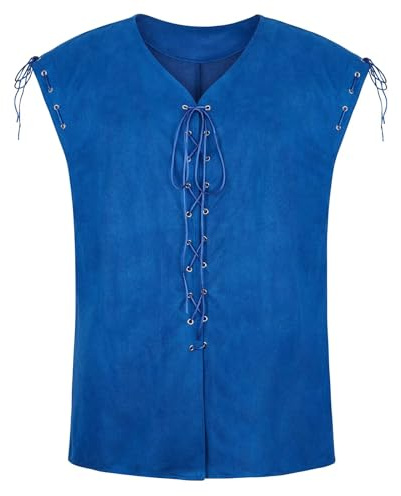 Blue Renaissance Mens Costume Suede Leather Reversible Vest Medieval Pirate Gothic Waistcoat Victorian Halloween L