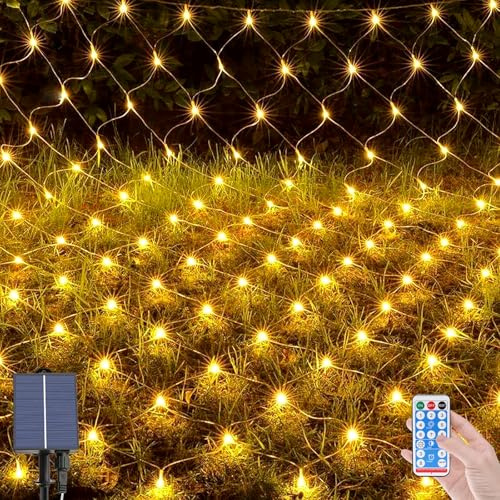 OPAHUTER 96 LEDs Solares Luces de Red para Exterior, 1.5 x 1.5 M Impermeable Red de Luz con 8 Modos, Control Remoto, Guirnaldas Neta Luz para Navidad Fiestas Árboles Balcón Ventanas Terraza