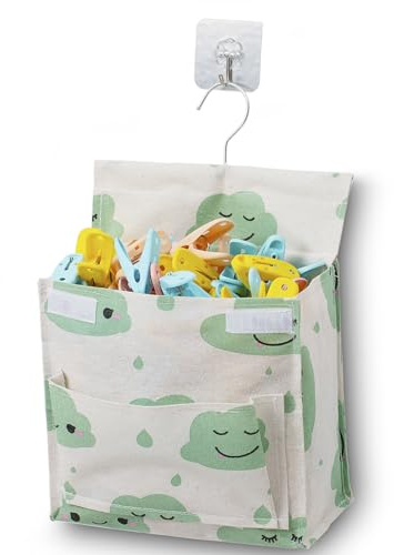 KOOZTI Laundry Clothespin Bag for Clothesline Outdoor, Waterproof Clothespin Bag with Lid, Large Opening, Large-Capacity Clothespin Storage Organizer with Hooks(Green)