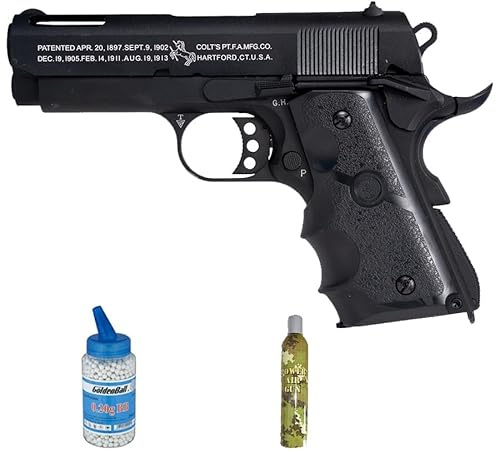 Pistola Colt 1911 Defender nera GBB a gas (6 mm) | Pistola ad aria compressa per airsoft (pallini in PVC) calibro 6 mm + bottiglia da 0,20 + bombola di Green Gas (potenza: 0,9 joule)