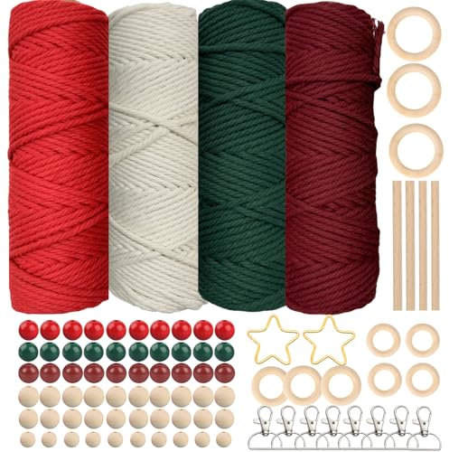 SILARLAIT Makramee Garn Weihnachten 3mm, Makramee Set Zubehör mit 60 Holzperlen, 8 Schlüsselanhänger, 10 Holzringe, 2 Metallsterne, 4 Holzstäbchen, Makrameegarn für Makramee Weihnachtsschmuck Basteln