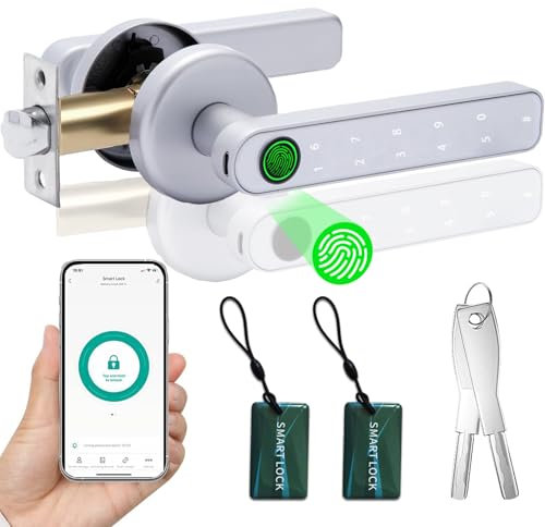 Fingerprint Smart Door Lock 5 in 1, Keyless Entry Door Knob with APP/IC Card/Fingerprint/Keys, 50 Fingerprints/100 Codes, Biometric Door Lock for Front Door Bedroom Office Hotel(Silver)