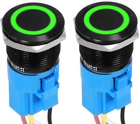 DMiotech 2 Pcs 22mm / 7/8 Push Button Switch, IP66 1NO1NC 12-24V 3A Momentary Latching Push Button Starter Light Switch Self-locking with Green Round, Aluminum Alloy Flat Head Black