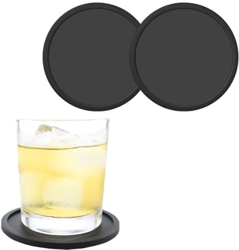 CENSIVI Black Round Silicone Coasters Set of 2 - Non Slip Mats for Coffee Mugs, Wine Glass, Beer and Bottles