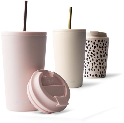 MAMEIDO Termo Cafe con Pajita y Tapa 470 ml, Vaso Termico Antigoteo, Taza Termica acero inox sin BPA, Vaso Termo Cafe para llevar (Blush Kissed)