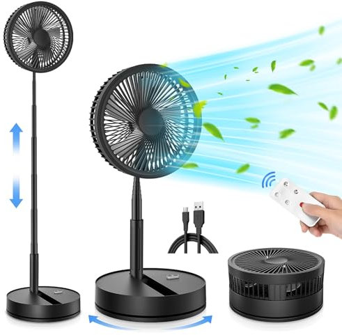 9 inch Portable Oscillating Standing Pedestal Fan with Remote Control, Silent 7200mAh Rechargeable Battery USB Powered Floor Fan, Height Adjustable Foldable Desk Table Fans for Bedroom Home Black