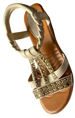 RLEHJN Sandals for Women UK Clearance Summer Open Toe Sling Back Flat Sandals Bohemian Beaded Strap Sandals Diamante Rhinestone Leather Sandals Comfortable Roman Sandals Size 4.5-9.5