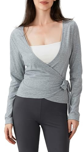 Geagodelia Camiseta de manga larga con diseño cruzado para mujer, con atadura frontal, ajustada, cuello en V profundo, para entrenamiento, pilates, ballet, yoga, gimnasio, deportes, gris claro, S