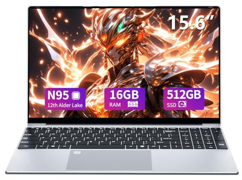 rumlawn Ordenador Portátil 15.6 con Alder lake-N95 CPU, PC Portatil 16GB RAM, 512GB SSD, Tarjeta Gráfica UHD, win11 Pro Laptop con WiFi 5, USB 3.0, HDMI, Touch ID, Teclado De Retroiluminación