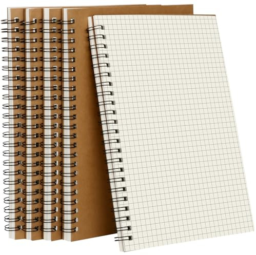 Ixydor Lot de 5 A5 Cahier à Spirale, Cahier A5 Petits Carreaux, Papier Quadrillé, Kraft Couverture, 60 Feuilles/120 Pages par Bloc, 80 g/m², Bloc Note Idéal pour Écriture École et Bureau