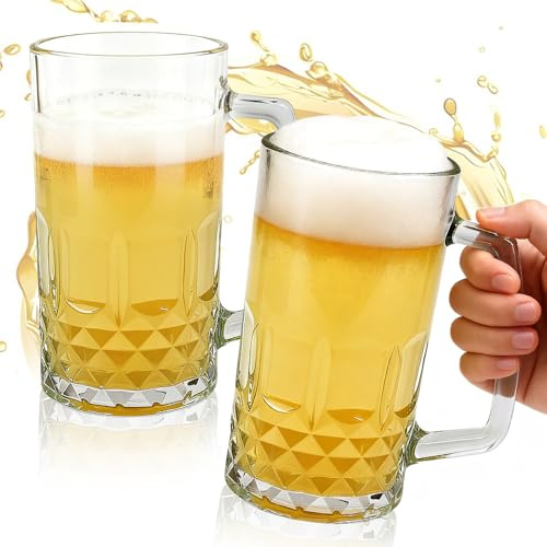 UHETLET 2 PCS Jarras de Cerveza de Cristal 500 ml, Vaso de Cerveza con Asa, Jarra deCerveza Grande y Estable, Taza deCerveza Transparente para Fiestas, Bares y Restaurantes -Aptas para Lavavajillas