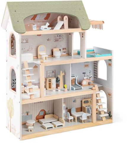 GYMAX Kids Dollhouse, 3-Storey Wooden Dolls House with Simulated Rooms and Accessories, Large Doll House for 3 Years Old+(Light Green,33Pcs:63x25x78cm))