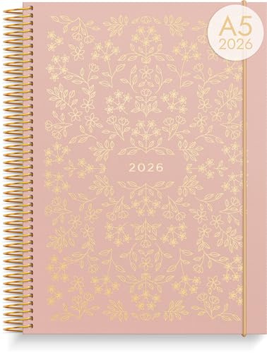 burde Life Planner Rose Fleur 2026, Agenda A5 à Spirales – Organiseur Compact & Élégant, Planning Scolaire & Professionnel Daté, Journal Hebdomadaire, Couverture Rigide