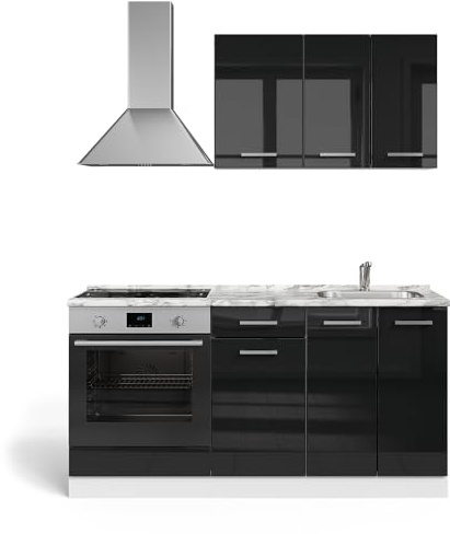 Vicco Singleküche R-Line, Schwarz Hochglanz/Weiß, 160 cm mit Herdumbauschrank mit Arbeitsplatte, zur Integration von Elektrogeräten und Spüle vorbereitet