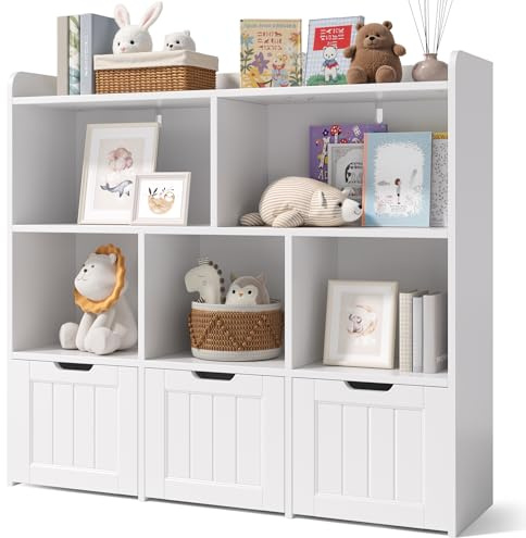 Xbro Kinderregal mit 3 Schubladen auf Rollen und 5 offenen Fächern, Kinder Bücherregal & Spielzeugregal für Kinderzimmer, Aufbewahrungsregal aus MDF, 100 x 30 x 91 cm, Weiß